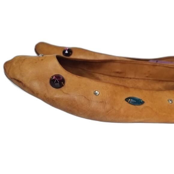 80s Vintage Joan & David Vegetable Tanned Leather Be-jeweled Tan Flats Size 7.5 - Picture 7 of 8